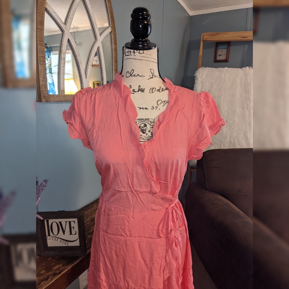 Pink Ruffle Trim Wrap Dress - Picture 2 of 3